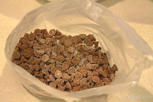 Cinnamon chips coated with dry cake mix in a bag so they do not sink in the snickerdoodle cupcakes batter.