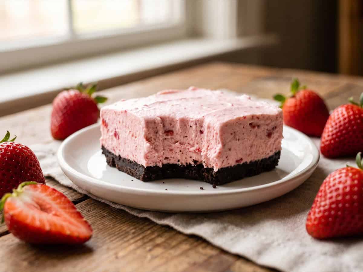 A single strawberry icebox cake bar on a plate with fresh strawberries.