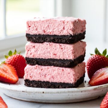 A stack of strawberry icebox cake bars with a chocolate cookie crust and fluffy pink strawberry cream layer.