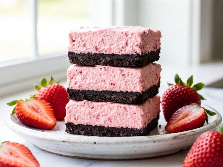 A stack of strawberry icebox cake bars with a chocolate cookie crust and fluffy pink strawberry cream layer.