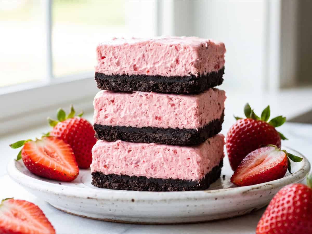 A stack of strawberry icebox cake bars with a chocolate cookie crust and fluffy pink strawberry cream layer.