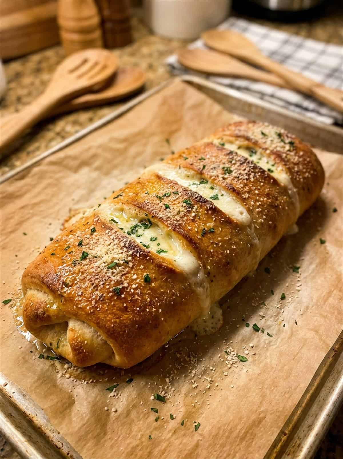 Golden brown baked stromboli fresh out of the oven on a parchment lined baking sheet.