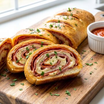 Baked stromboli sliced into pinwheel pieces on a cutting board with a bowl of marinara dipping sauce.