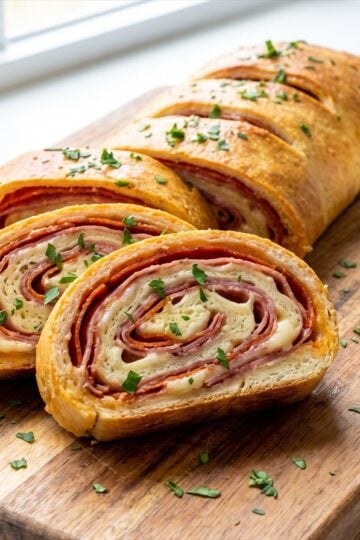 Baked stromboli sliced into pinwheel pieces on a cutting board with a bowl of marinara dipping sauce.