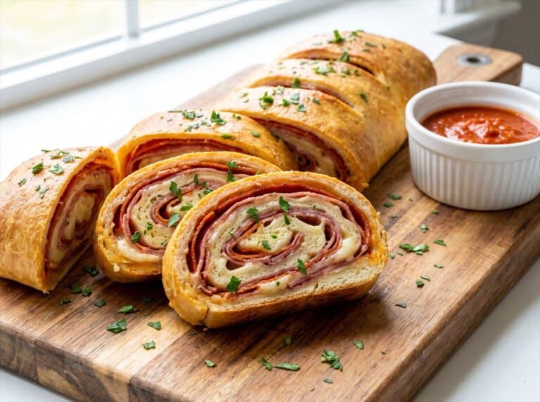 Baked stromboli sliced into pinwheel pieces on a cutting board with a bowl of marinara dipping sauce.
