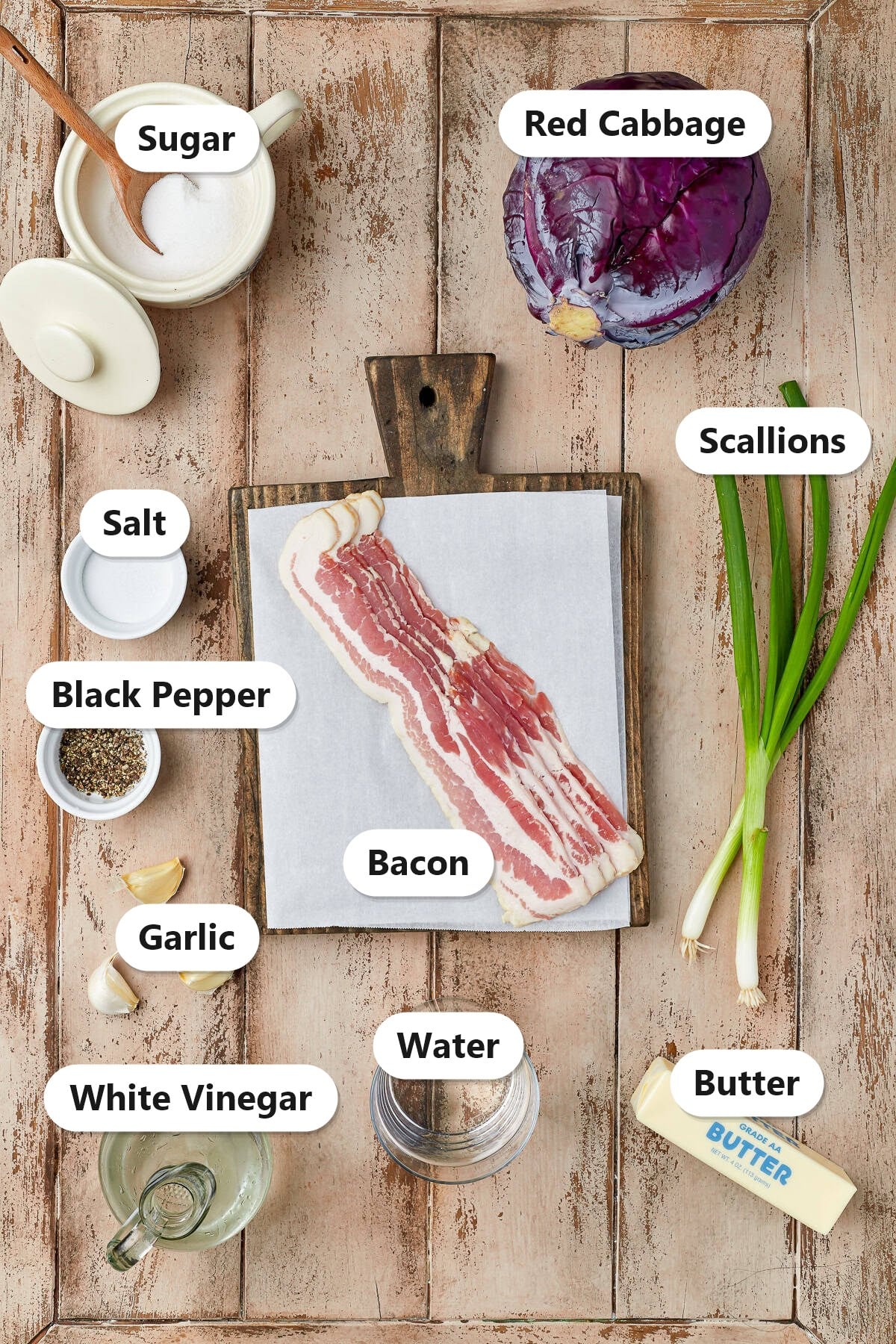 Labeled ingredients for sweet and sour cabbage including red cabbage, bacon, scallions, garlic, sugar, white vinegar, butter, salt, pepper, and water.