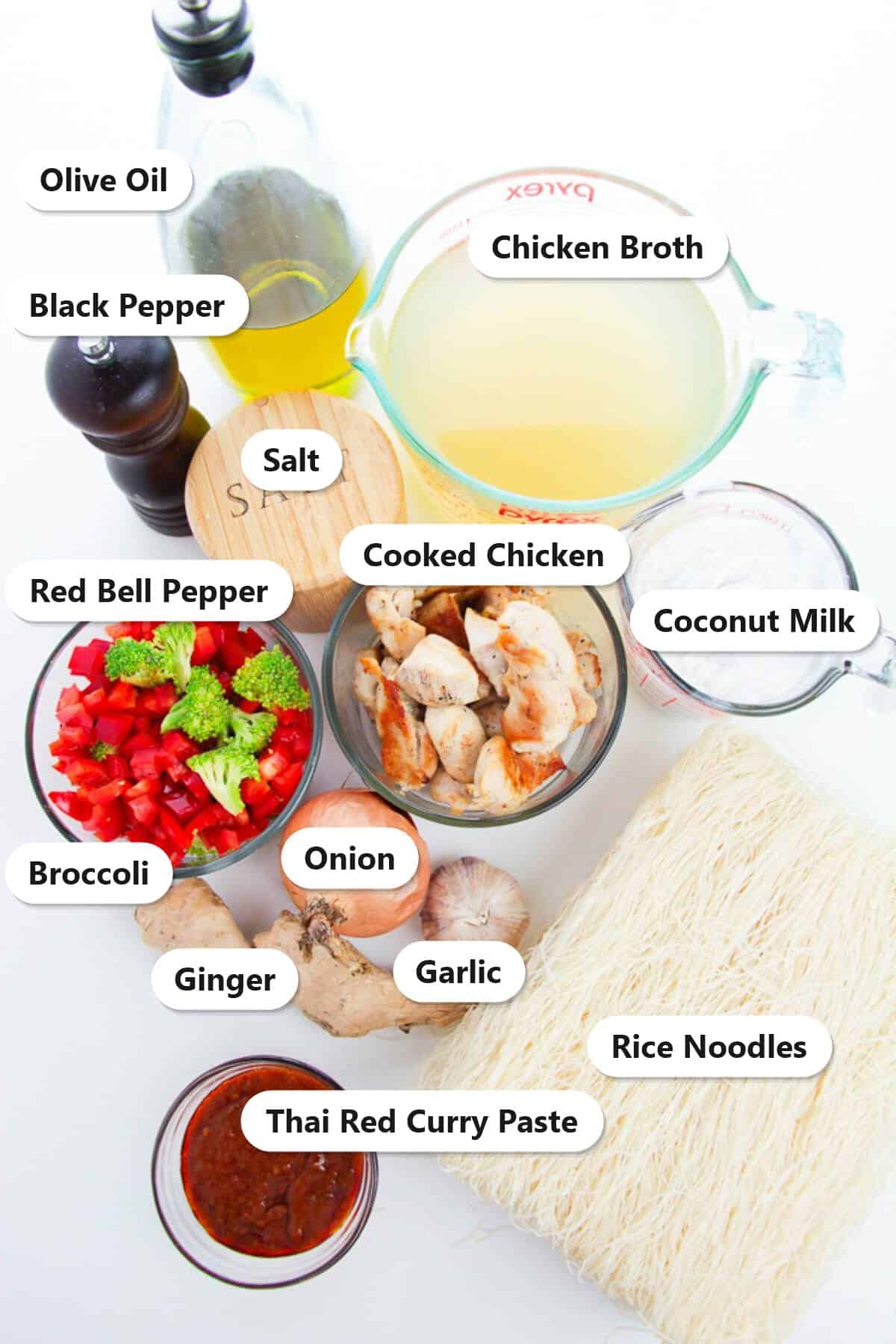 Labeled ingredients for Thai Red Curry Soup including Thai red curry paste, coconut milk, chicken broth, rice noodles, cooked chicken, broccoli, red bell pepper, onion, garlic, and ginger.