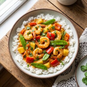 A bowl of Thai Shrimp Curry with shrimp and vegetables over rice.