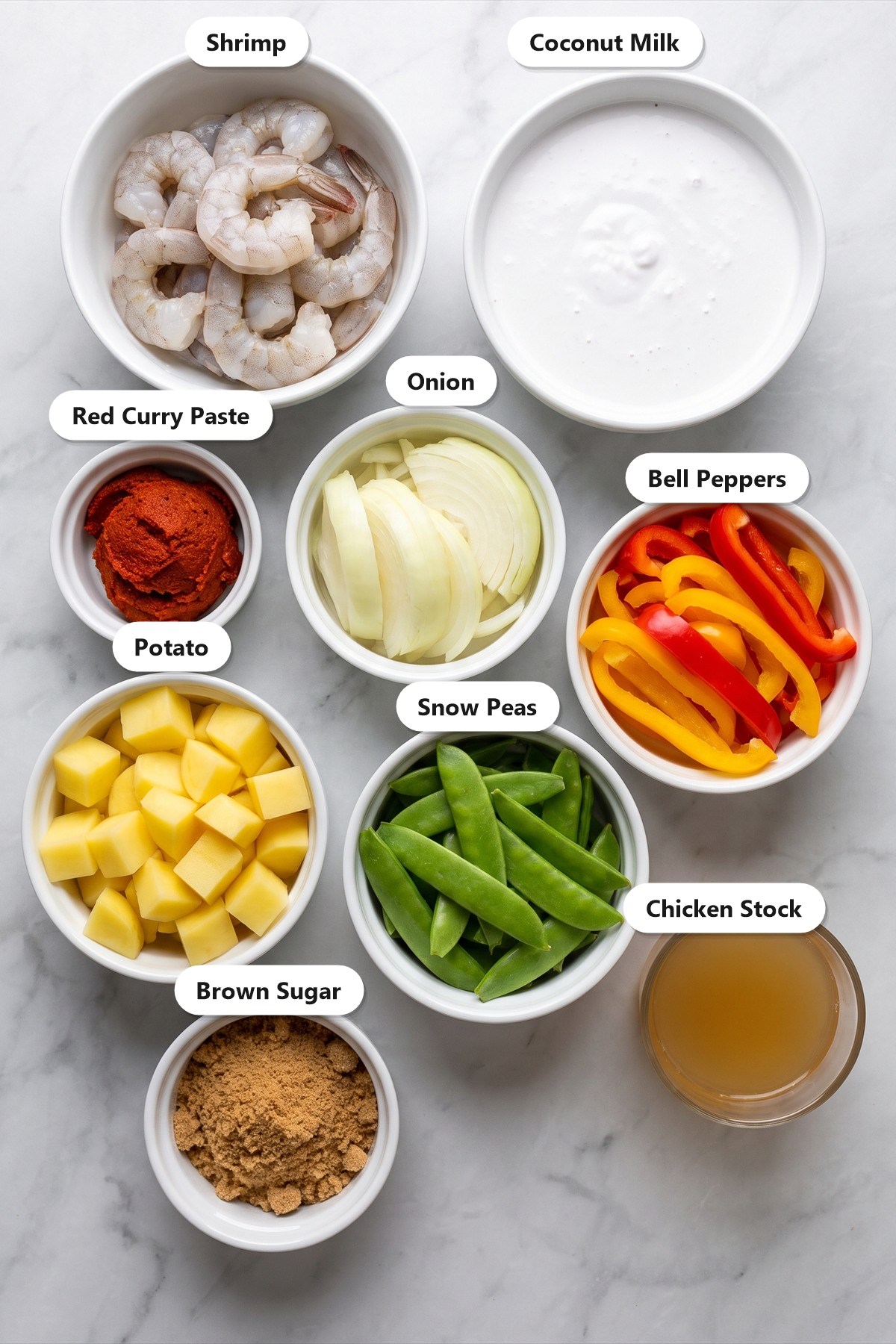 Labeled ingredients needed to make Thai Shrimp Curry.