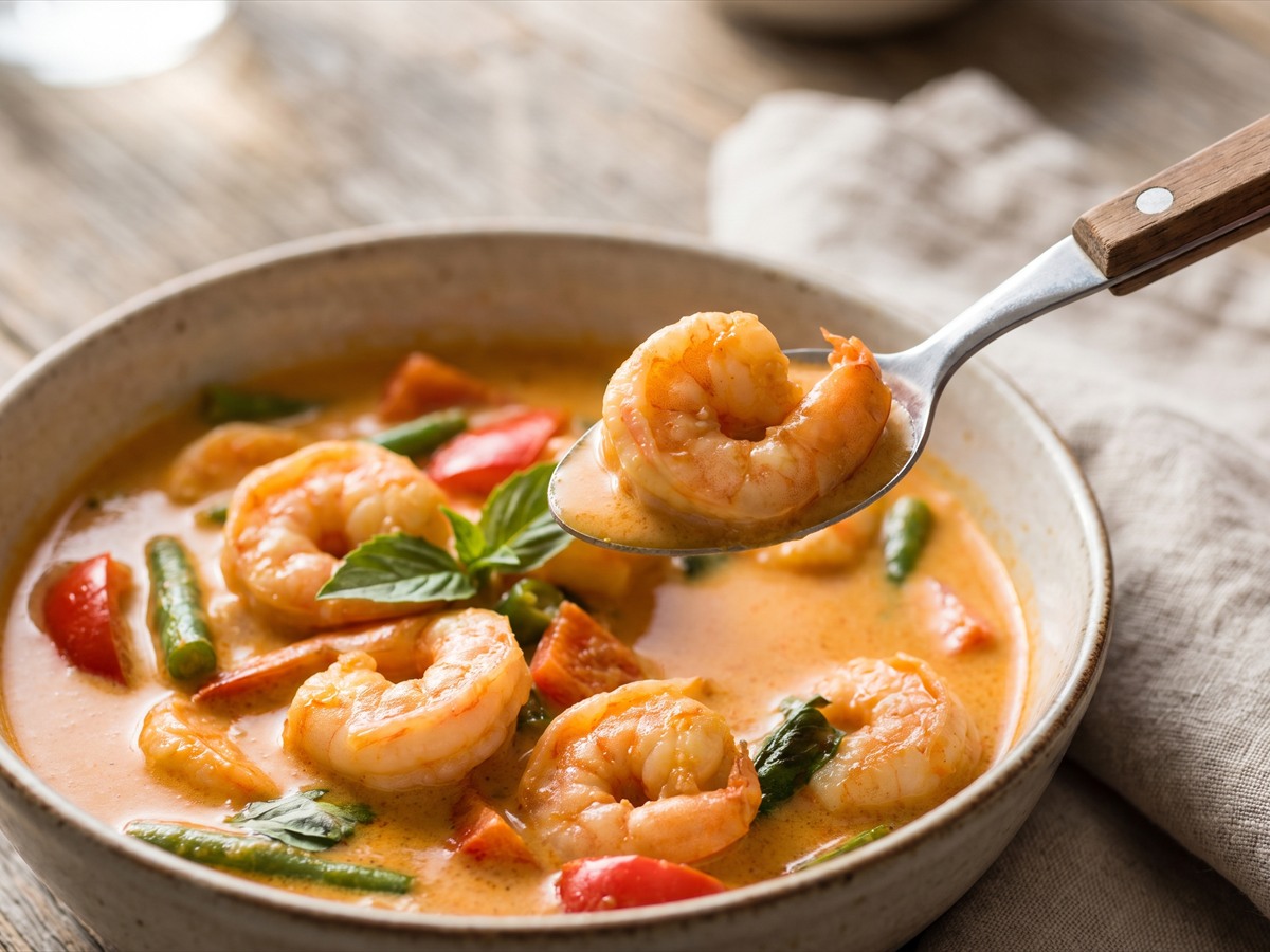 A close-up of Thai Shrimp Curry with shrimp in a creamy coconut sauce.