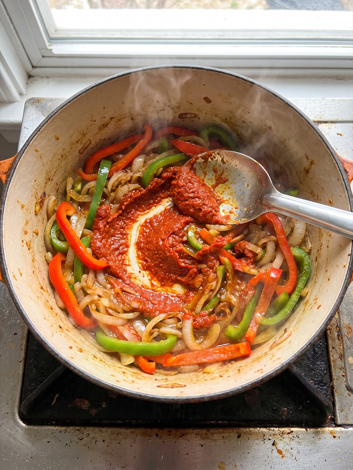 Red curry paste added to the vegetables in the pot.