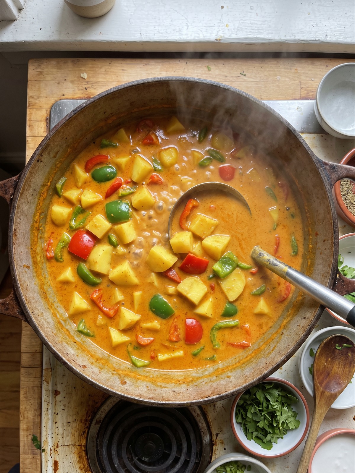 Coconut milk and potatoes simmering into a curry.