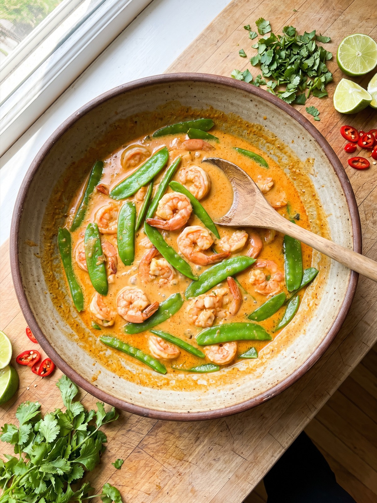 Snow peas stirred into the shrimp curry.