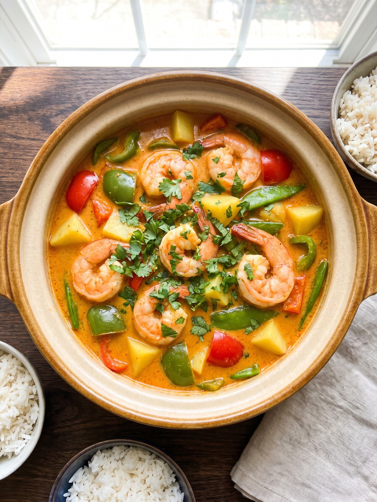 Finished Thai Shrimp Curry with shrimp and vegetables.