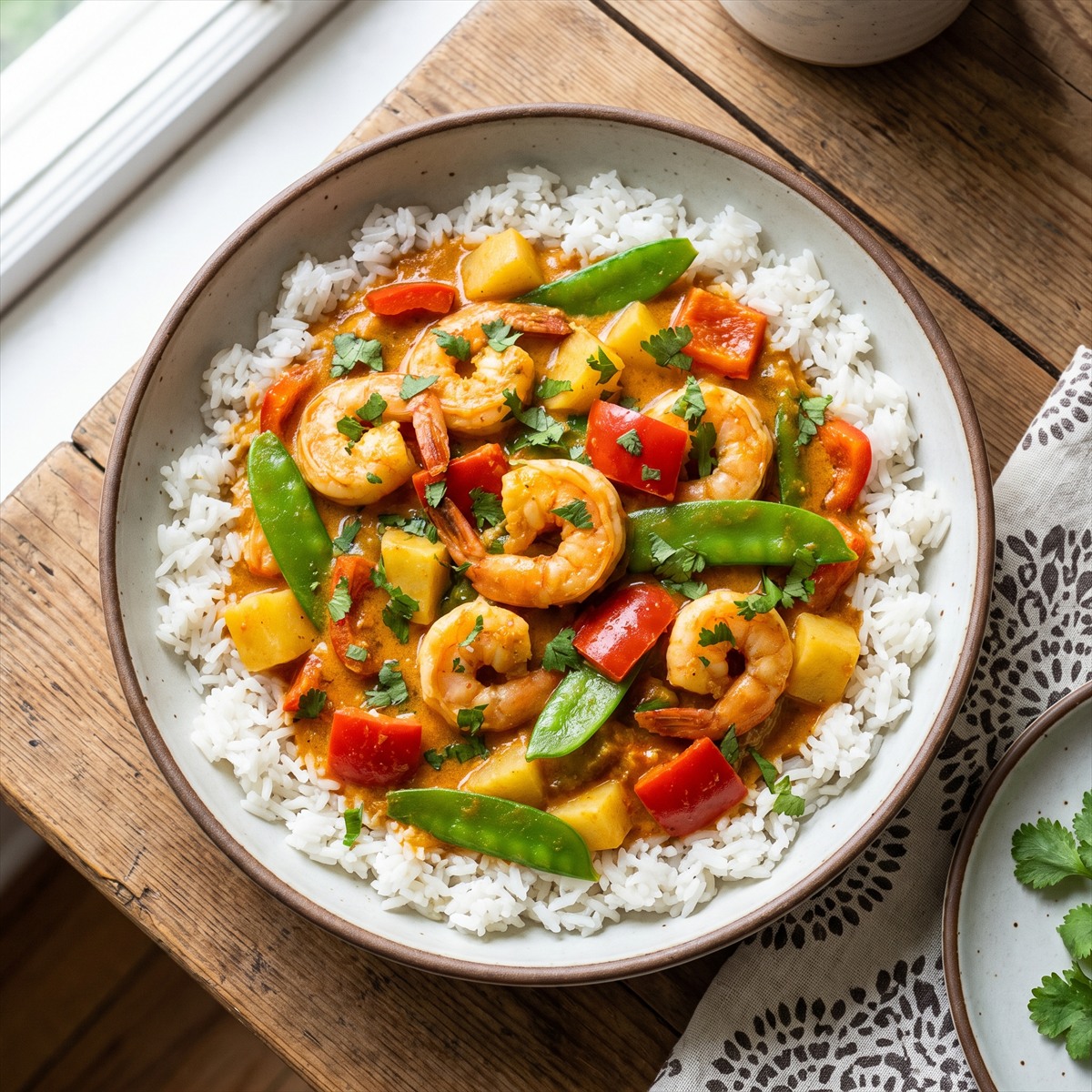 A bowl of Thai Shrimp Curry with shrimp and vegetables over rice.