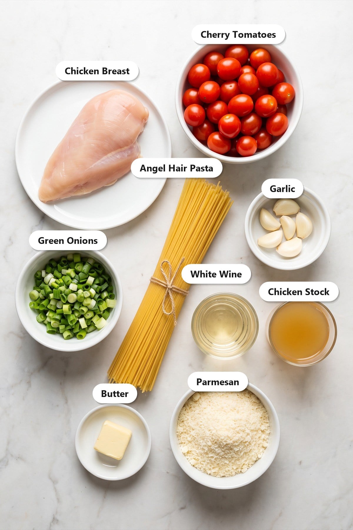 Labeled ingredients needed to make Tomato Chicken Pasta.