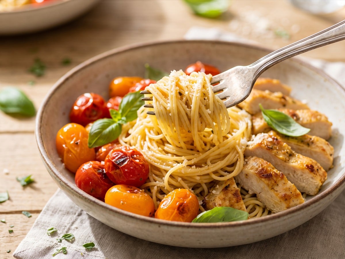 A twirl of Tomato Chicken Pasta with blistered tomatoes and chicken.