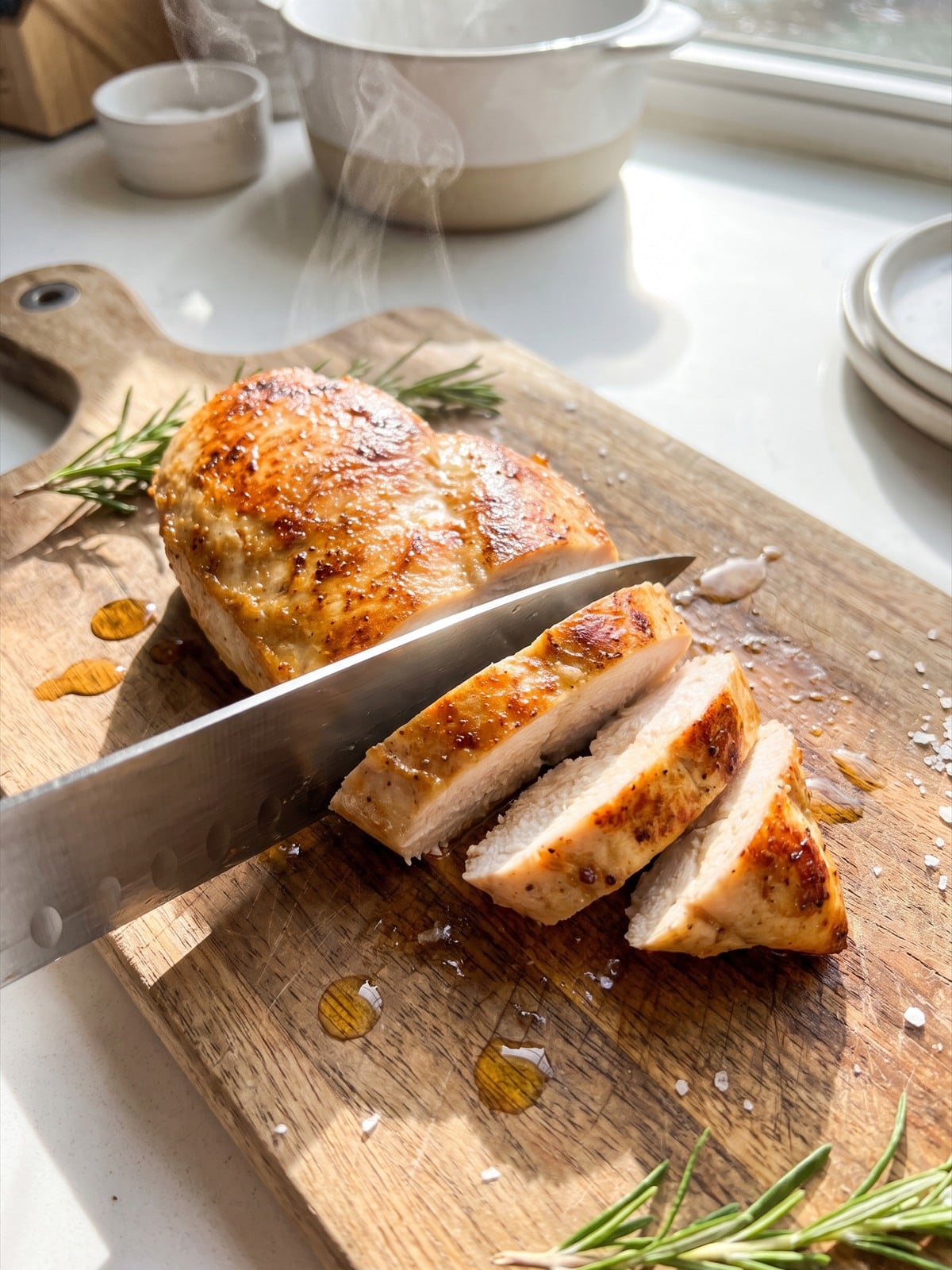 Seared chicken breast being sliced on a cutting board.