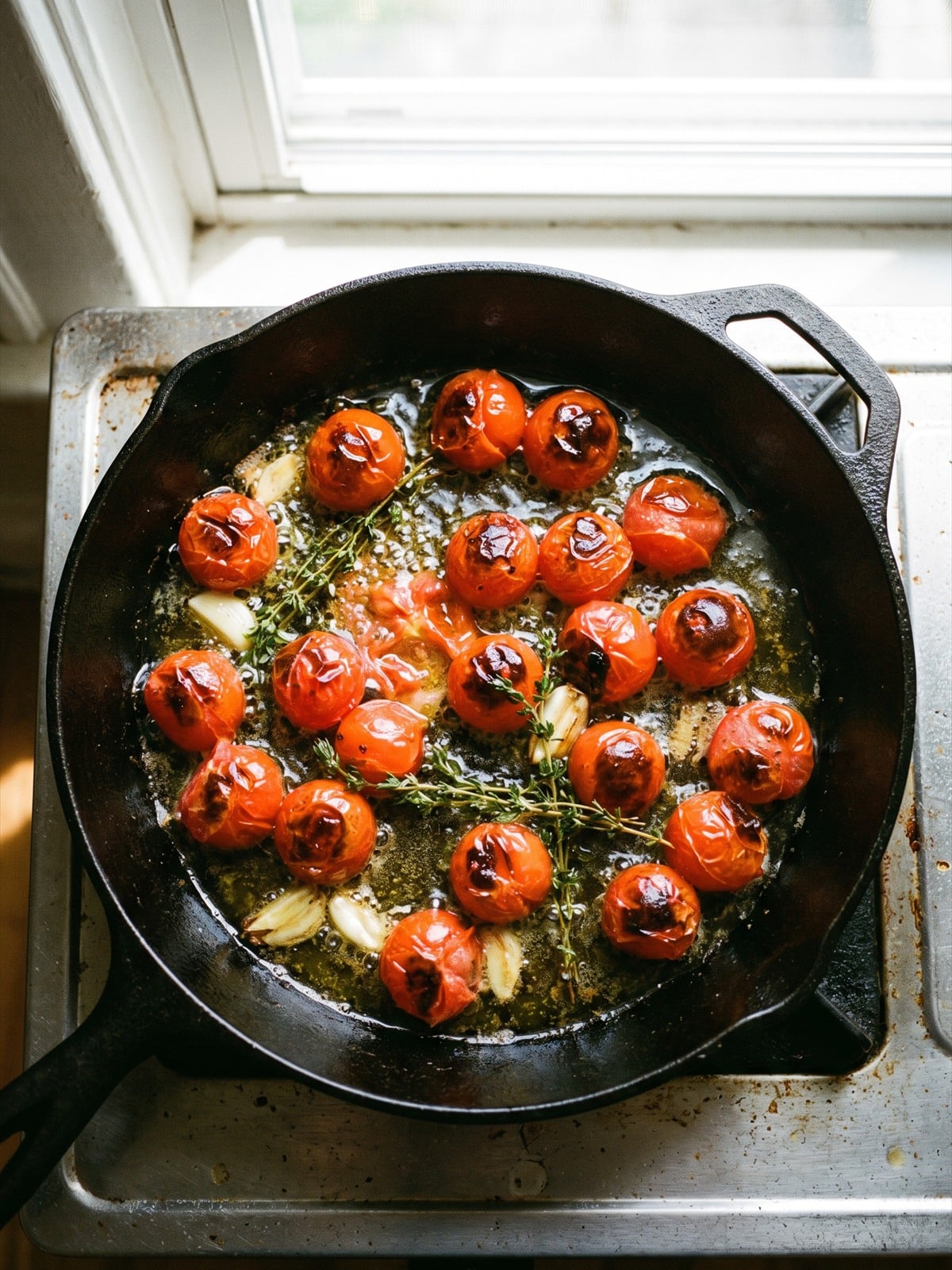 Cherry tomatoes blistering in a skillet.