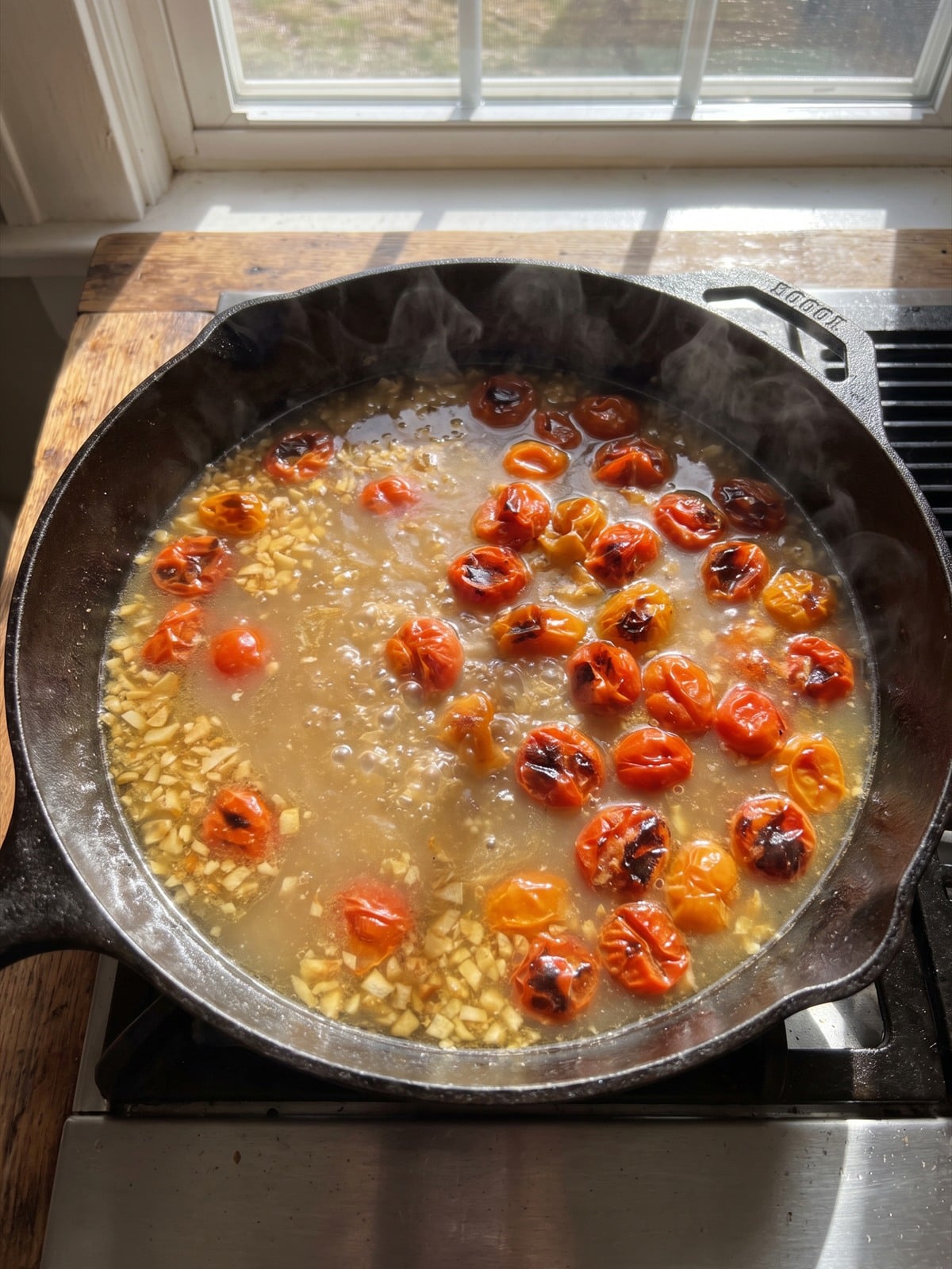 Garlic, white wine, and chicken stock simmering with blistered tomatoes.