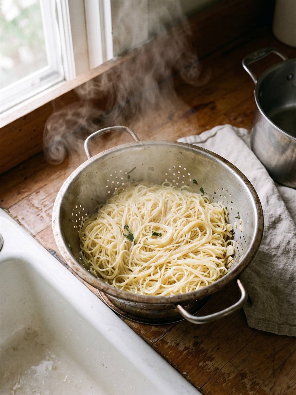 Cooked angel hair pasta draining in a colander.