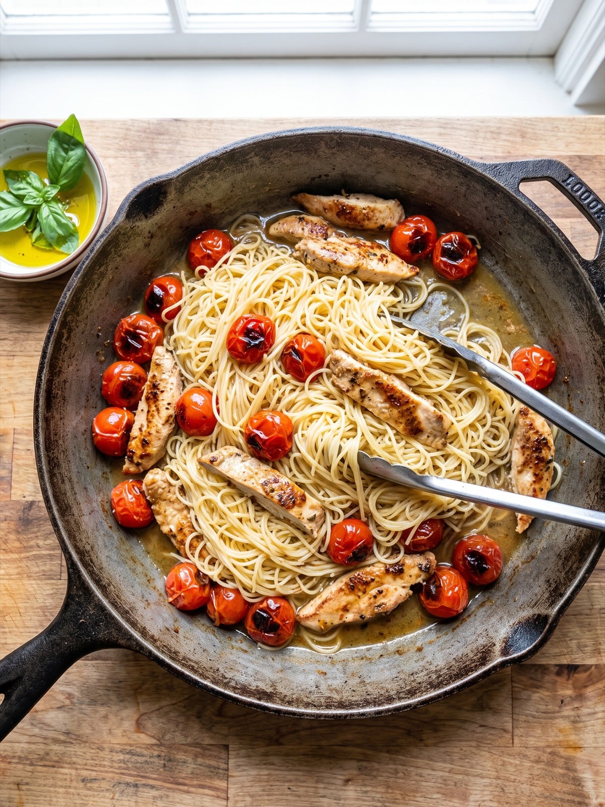 Angel hair pasta tossed with tomatoes and chicken in a skillet.