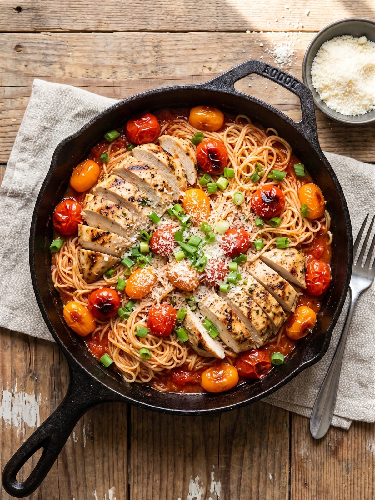Finished Tomato Chicken Pasta with parmesan and green onions.