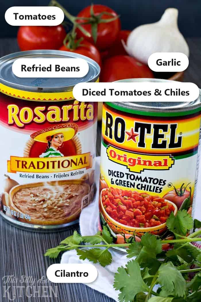 Labeled ingredients to make Totchos, refried beans, diced tomatoes with chiles, tomatoes, garlic, and cilantro.