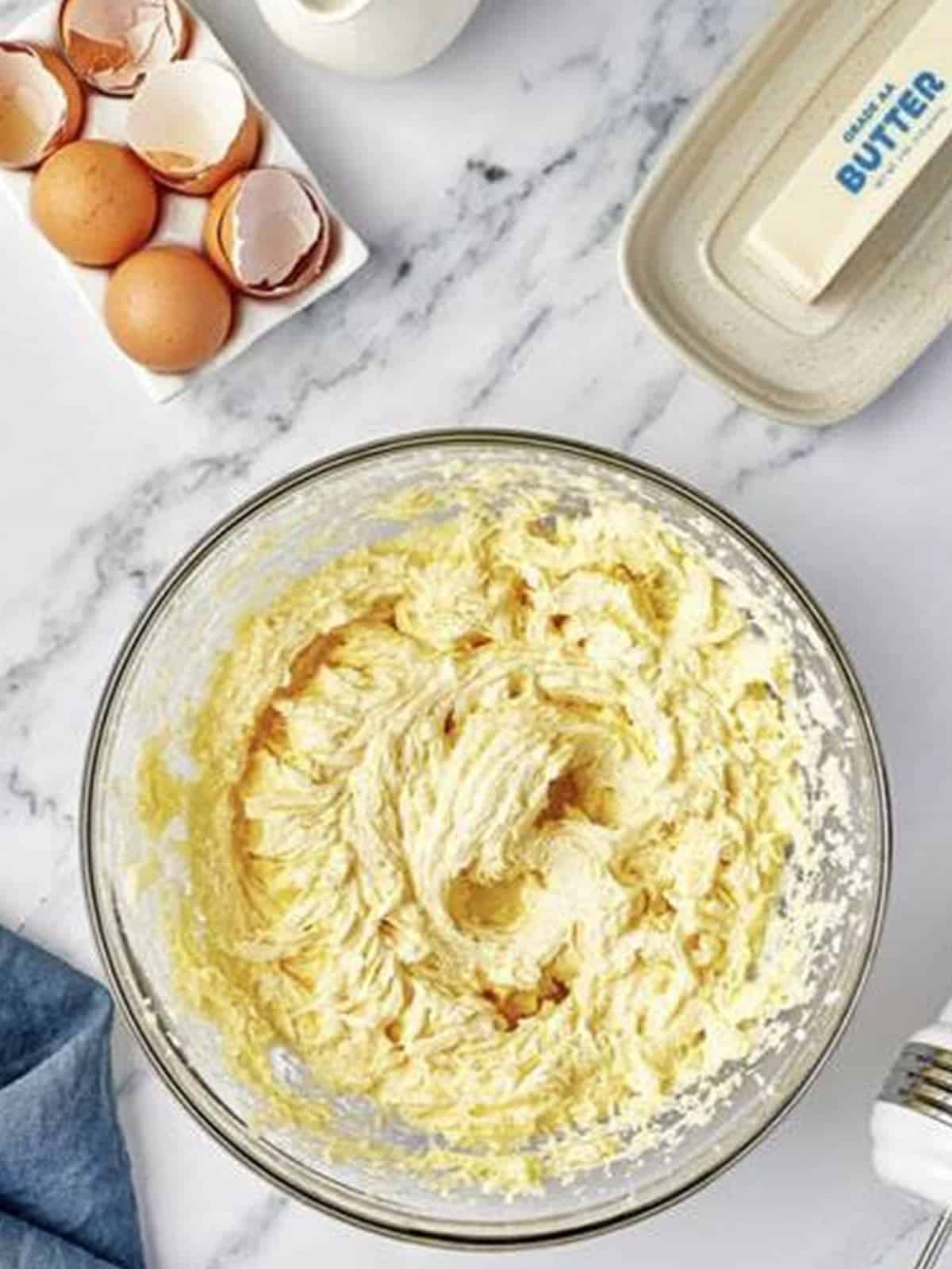 Eggs beaten into the creamed butter and sugar for the Valentines Day Cupcakes batter.