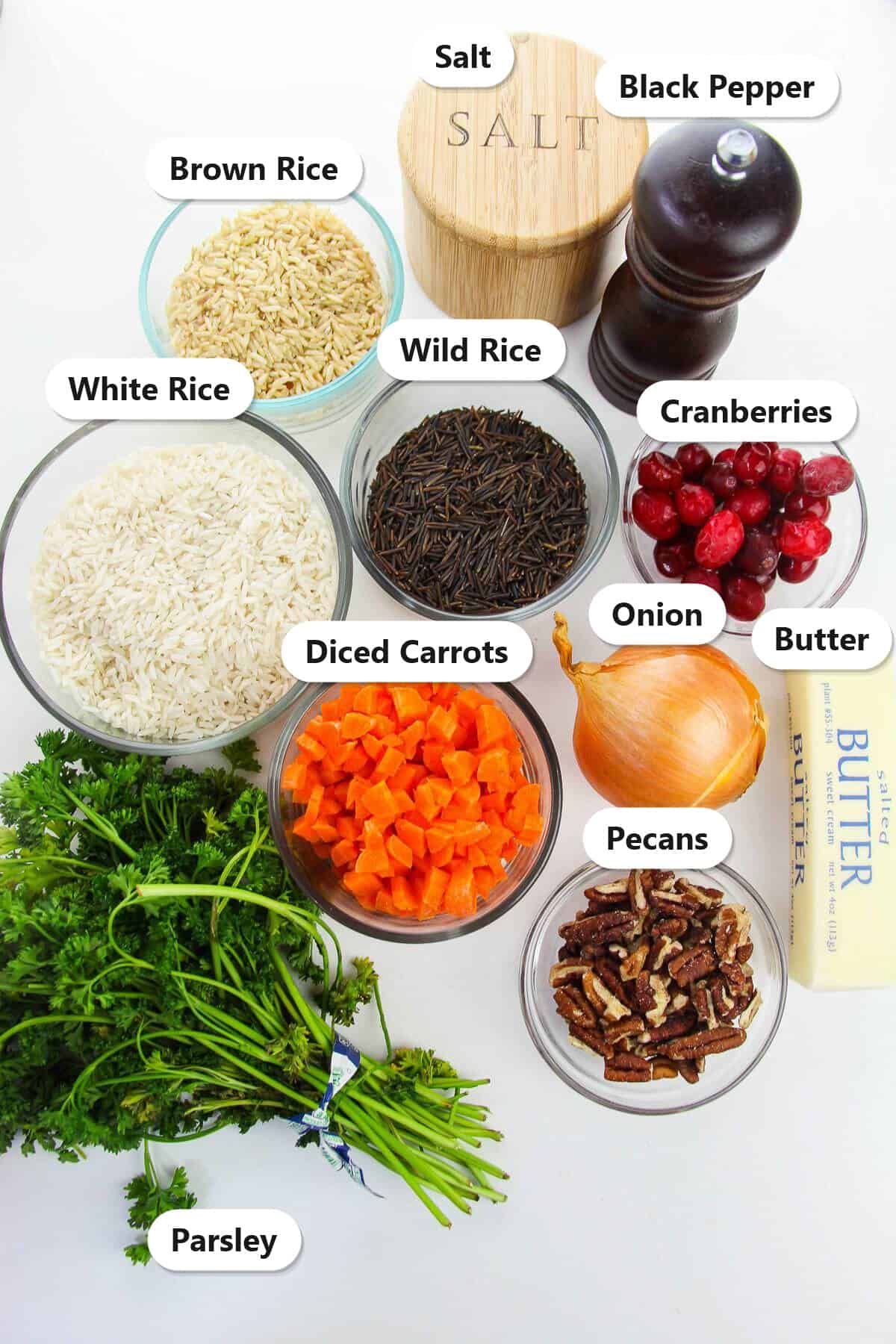 Labeled ingredients for Wild Rice Pilaf including wild rice blend, cranberries, pecans, carrots, onion, butter, and parsley.