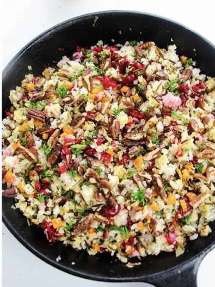 Finished Wild Rice Pilaf in the skillet with fresh chopped parsley stirred in.