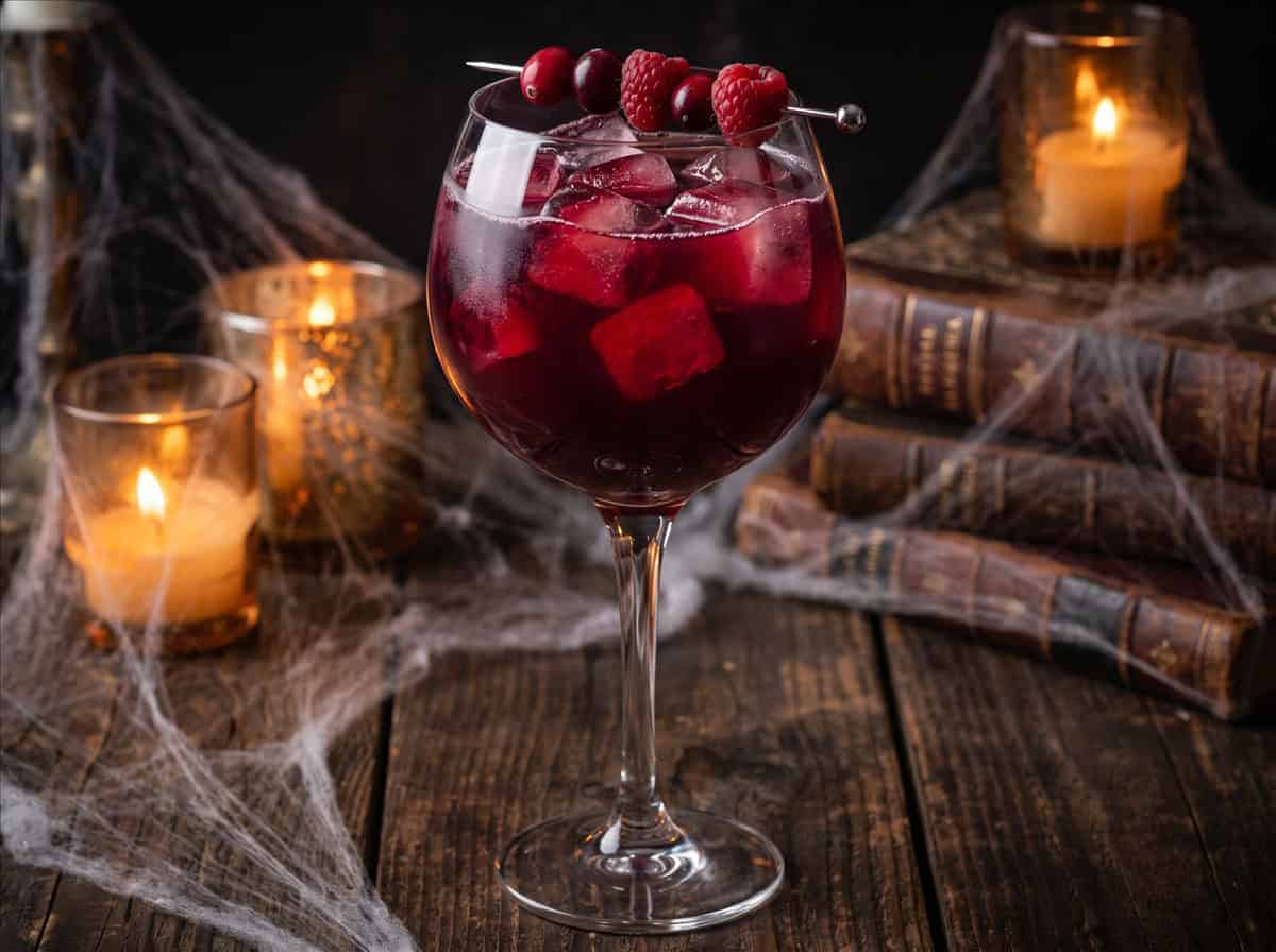 A Witches Brew cocktail garnished with cranberries and raspberries in front of cobwebs and candlelight.