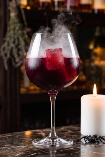 A Witches Brew Halloween cocktail in a stemmed goblet with red cranberry juice ice cubes and spooky smoke drifting over the rim.