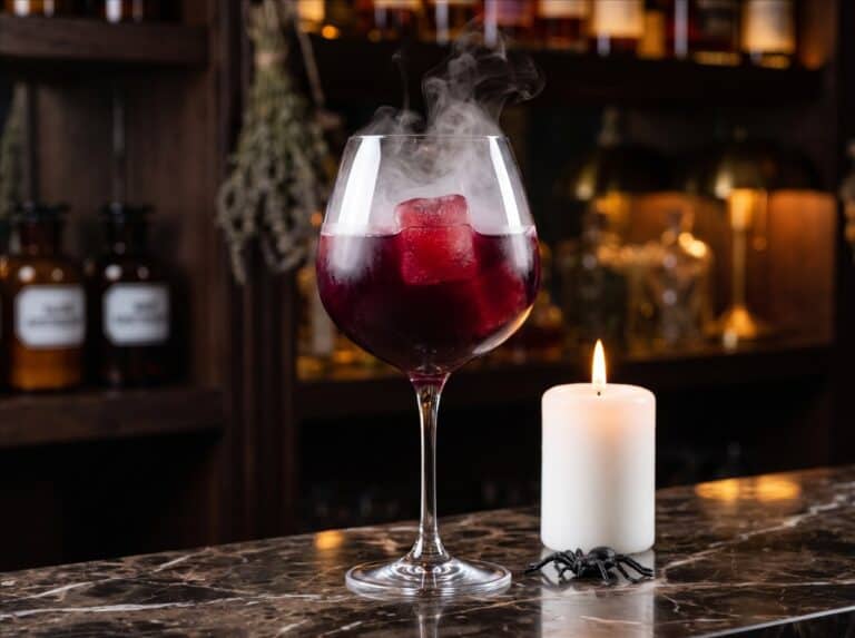A Witches Brew Halloween cocktail in a stemmed goblet with red cranberry juice ice cubes and spooky smoke drifting over the rim.