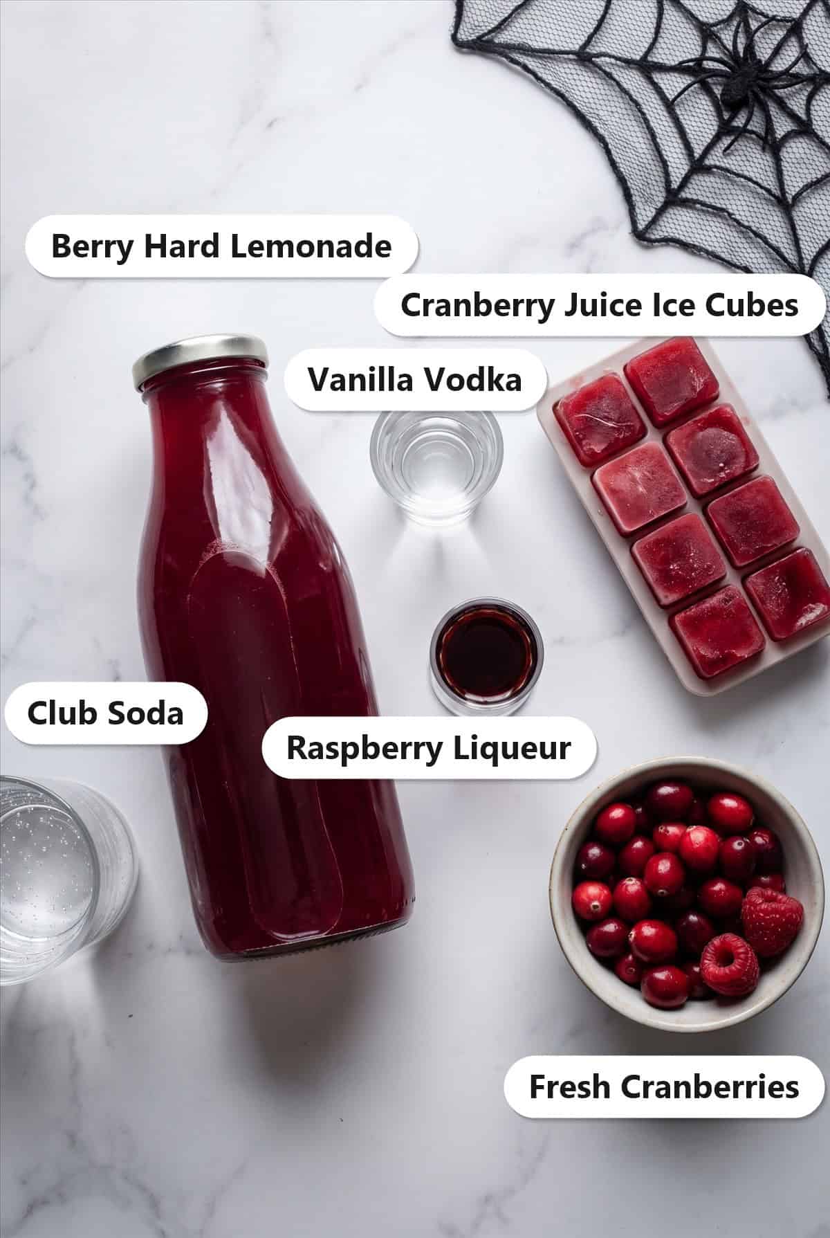 Labeled ingredients for Witches Brew including berry hard lemonade, vanilla vodka, raspberry liqueur, club soda, cranberry juice ice cubes, and fresh cranberries.