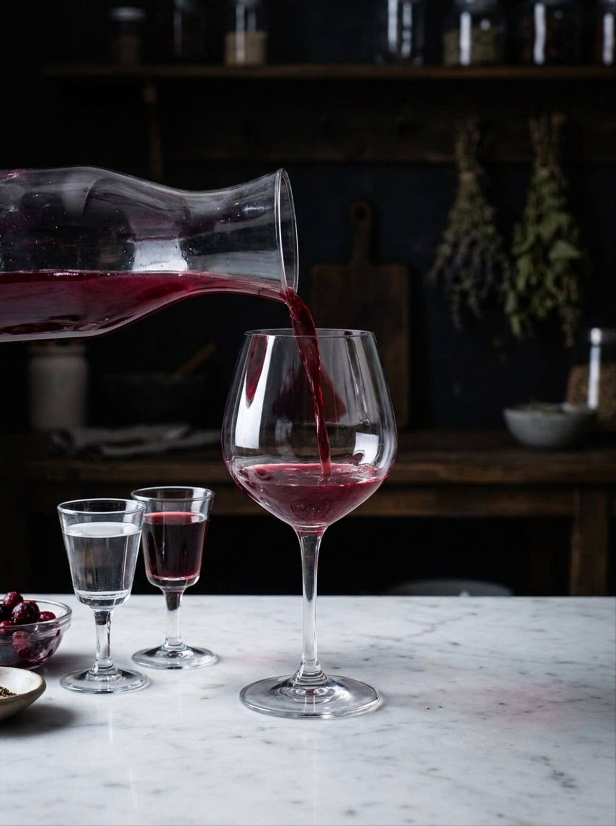 Pouring the berry hard lemonade base into a stemmed goblet for Witches Brew.