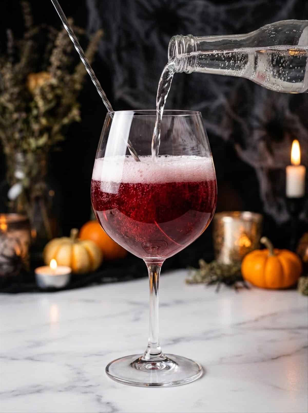 Club soda fizzing into the Witches Brew cocktail with a bar spoon in the glass.