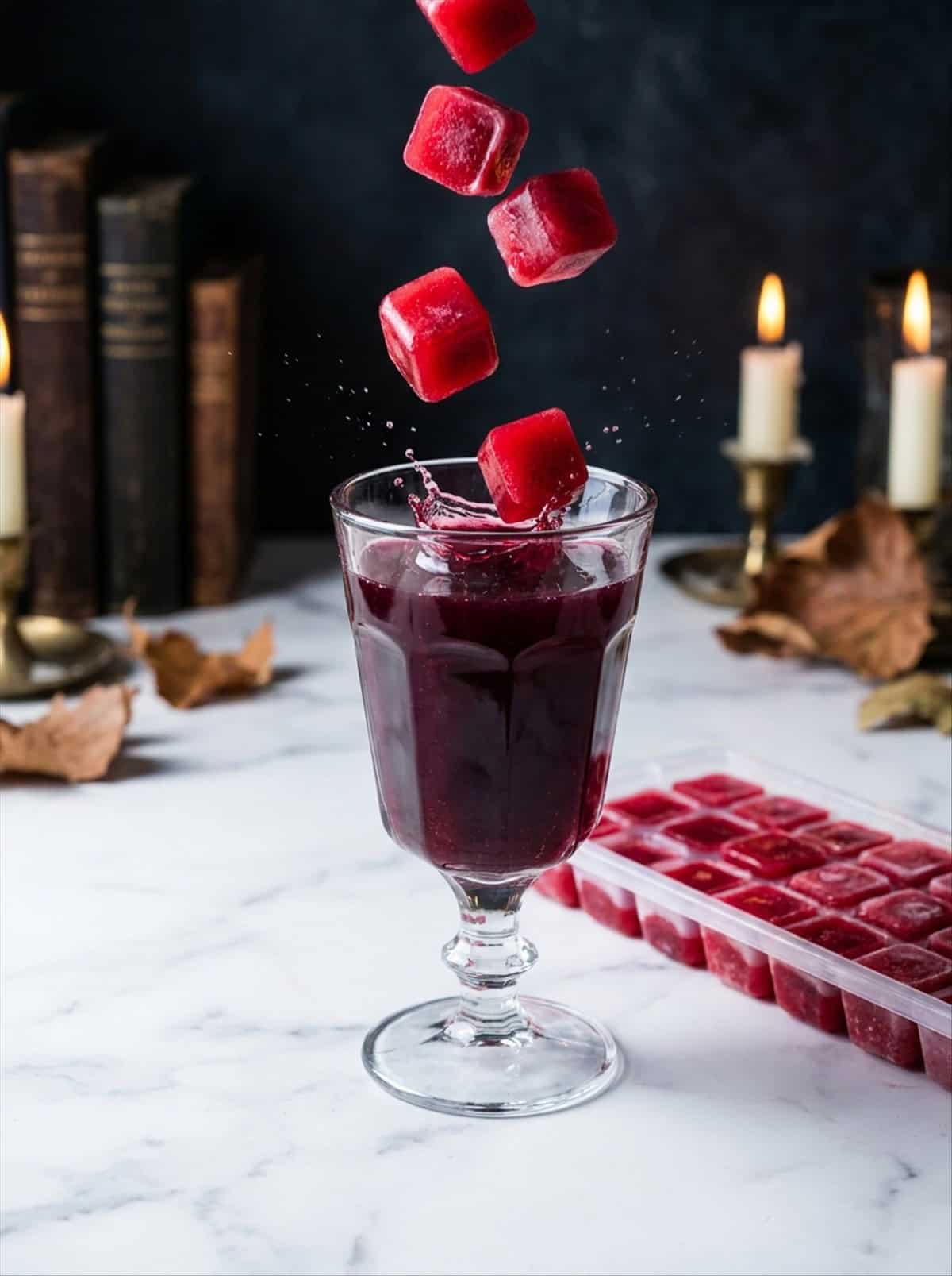 Cranberry juice ice cubes dropping into the finished Witches Brew cocktail.