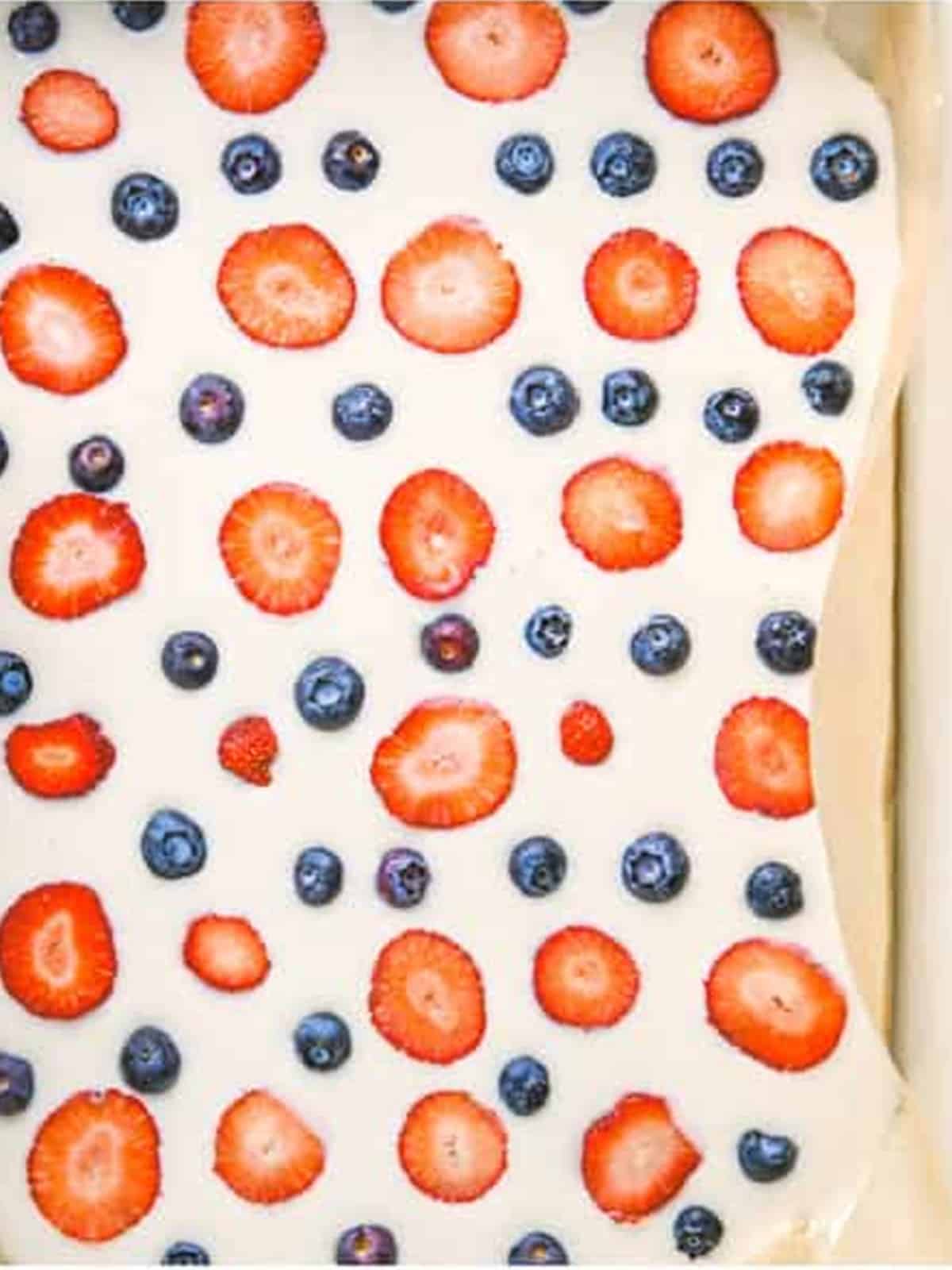 Sliced strawberries and blueberries arranged over the yogurt layer before freezing.