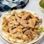 Classic beef stroganoff with tender sirloin strips and mushrooms served over egg noodles on a white plate.