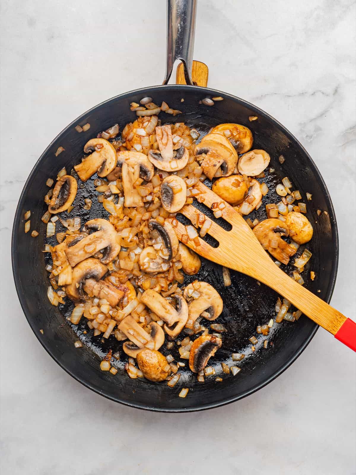 Mushrooms cooked until golden brown and all their moisture has evaporated.