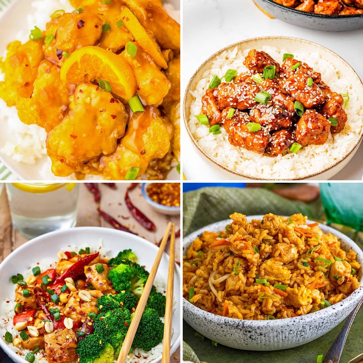 23 Easy Chinese Chicken Recipes collage - orange chicken, sesame chicken, kung pao chicken and chicken fried rice