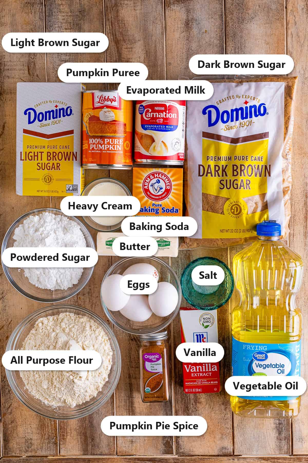Labeled ingredients for pumpkin spice cake including pumpkin puree, dark brown sugar, flour, eggs, vegetable oil, pumpkin pie spice, butter, evaporated milk, heavy cream, and powdered sugar.