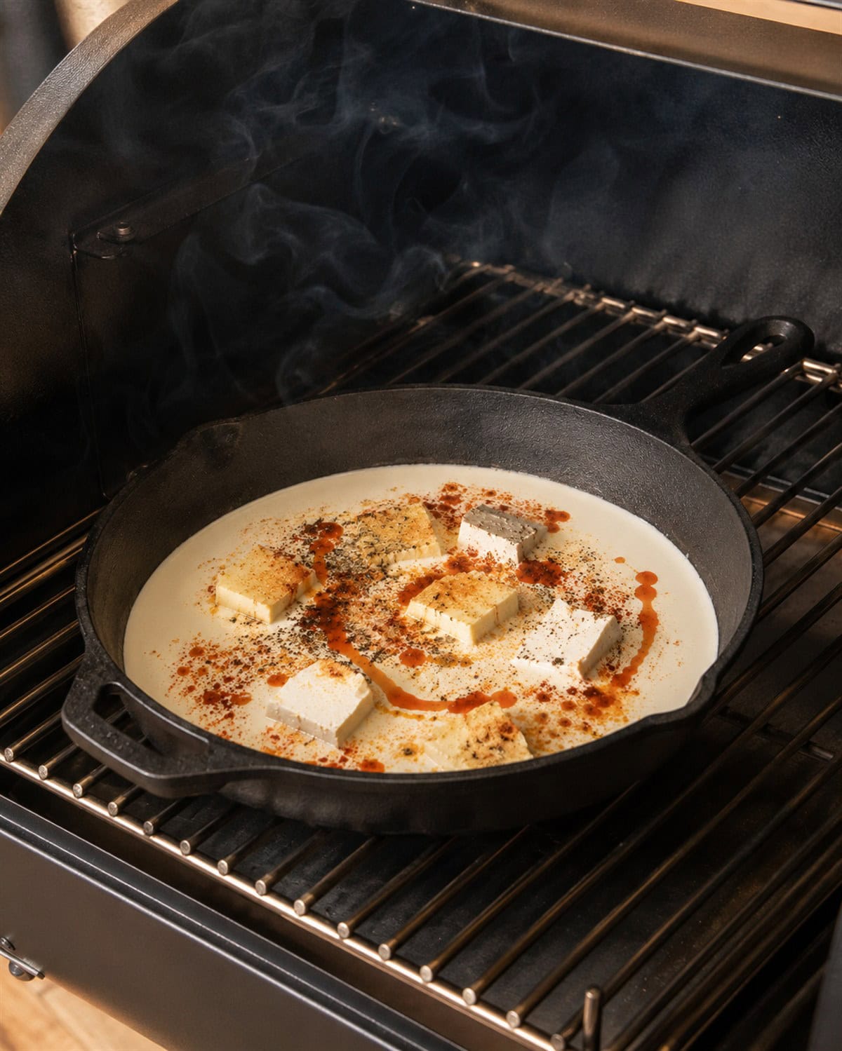 Cast iron skillet of cream sauce smoking on the pellet grill grates for smoked mac and cheese.