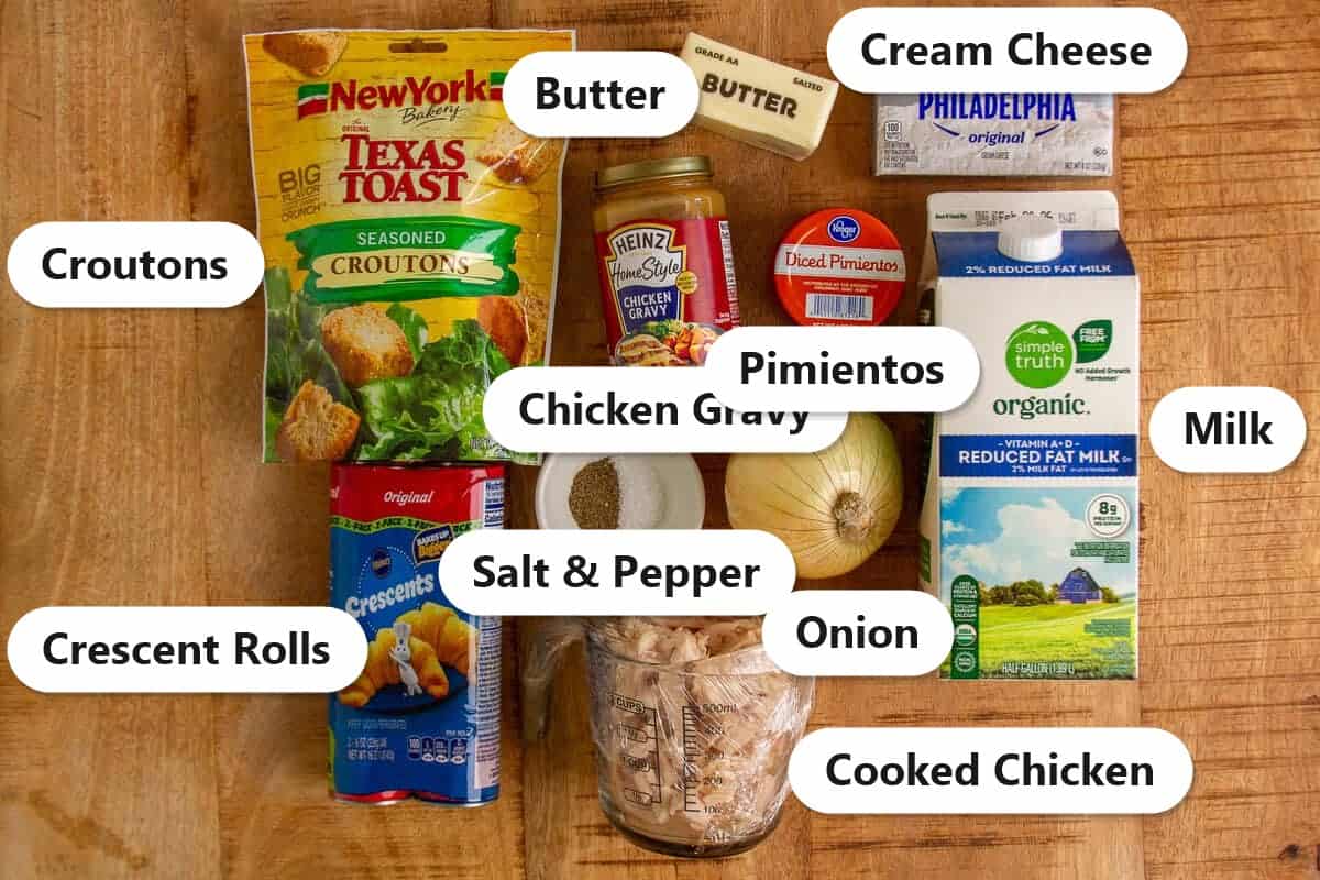 Labeled ingredients for Chicken Crescent Rolls including cream cheese, butter, crescent rolls, cooked chicken, croutons, milk, onion, pimientos, salt and pepper, and chicken gravy.