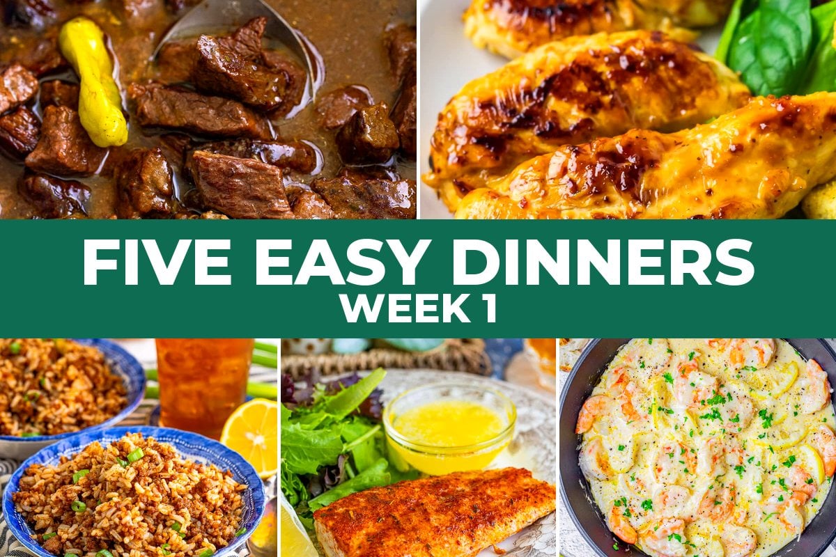 Five Easy Dinners week 1: Mississippi steak bites, Cracker Barrel chicken tenders, Cajun dirty rice, baked mahi mahi and creamy lemon shrimp.