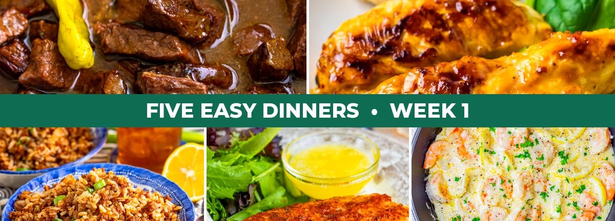Five Easy Dinners week 1: Mississippi steak bites, Cracker Barrel chicken tenders, Cajun dirty rice, baked mahi mahi and creamy lemon shrimp.