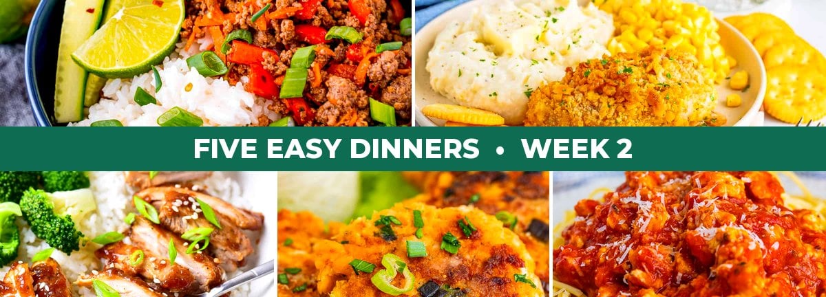 Five Easy Dinners week 2: Panda Express teriyaki chicken, Ritz cracker pork chops, Thai beef bowls, salmon patties and turkey spaghetti.