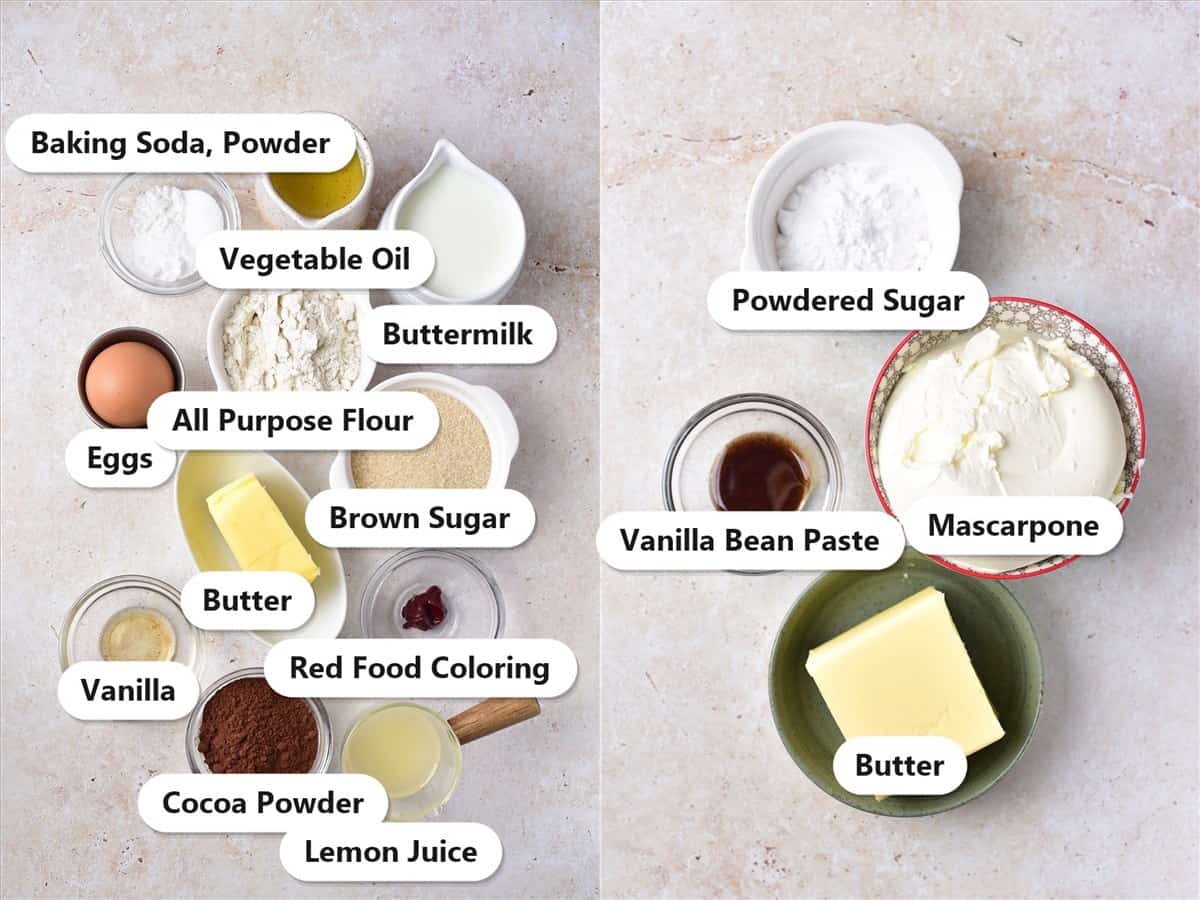 Labeled ingredients for red velvet cake including flour, cocoa powder, brown sugar, butter, oil, eggs, buttermilk, red food coloring, and mascarpone frosting ingredients.