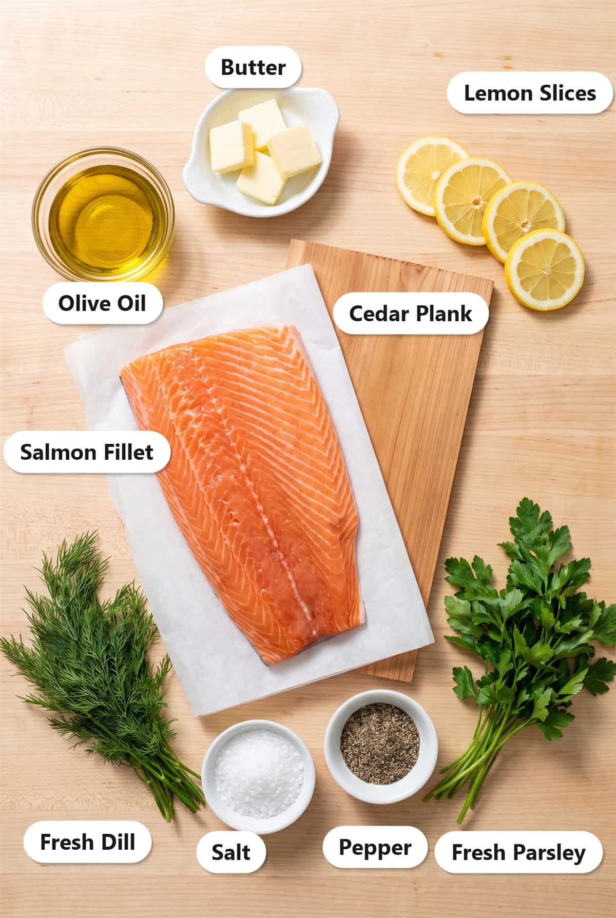 Labeled ingredients for this Smoked Salmon Recipe including a salmon fillet, cedar plank, butter, lemon slices, olive oil, salt, pepper, fresh dill, and fresh parsley.